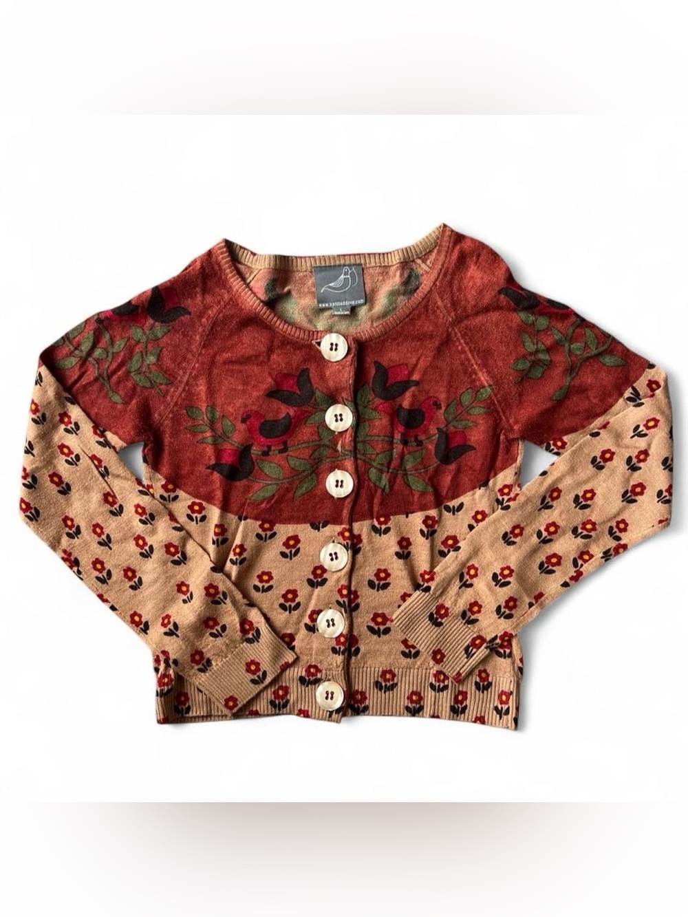 Floral Bird Button-Front Cardigan Sweater - Red & Tan